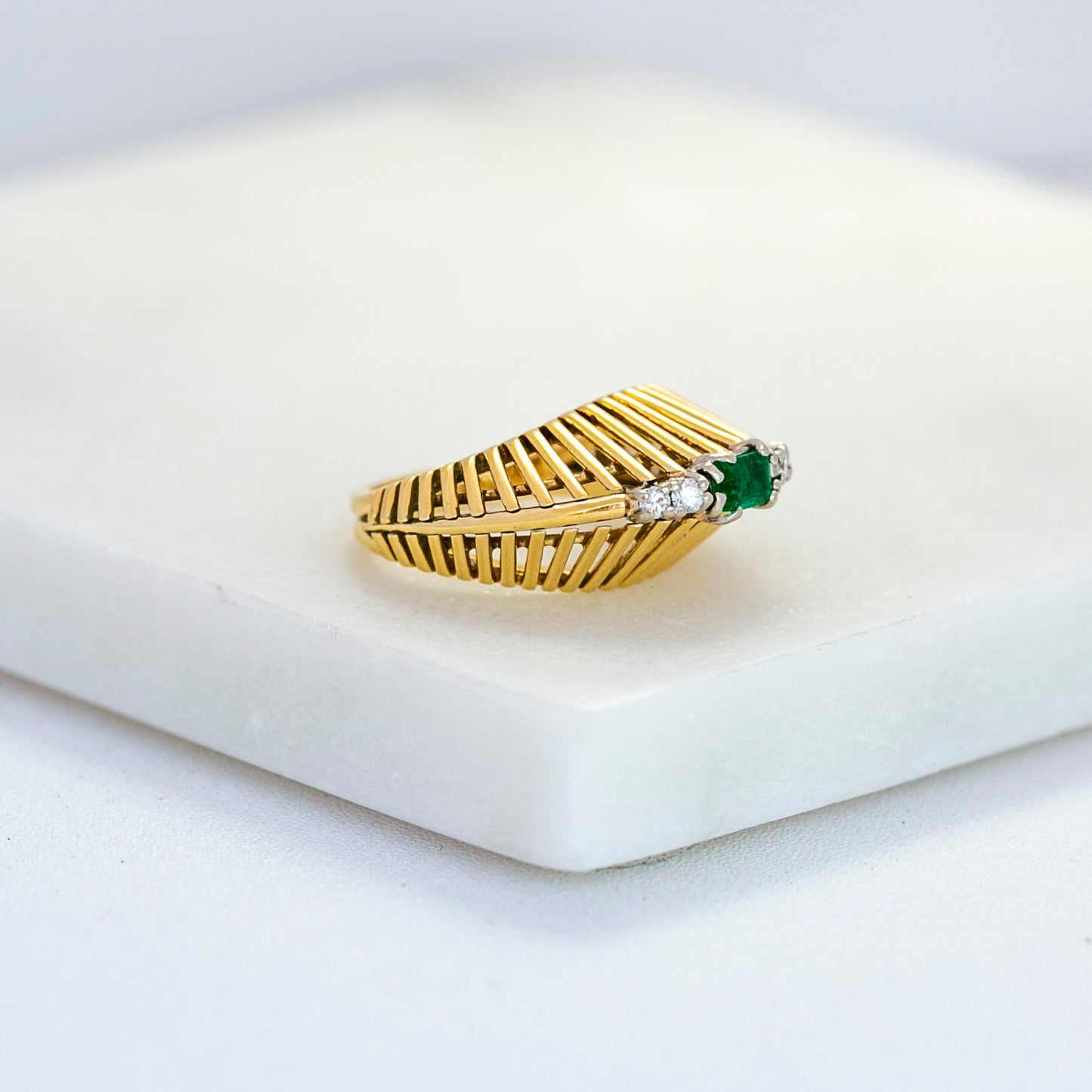 Mid-Century Emerald & Diamond Structural Wire Ring