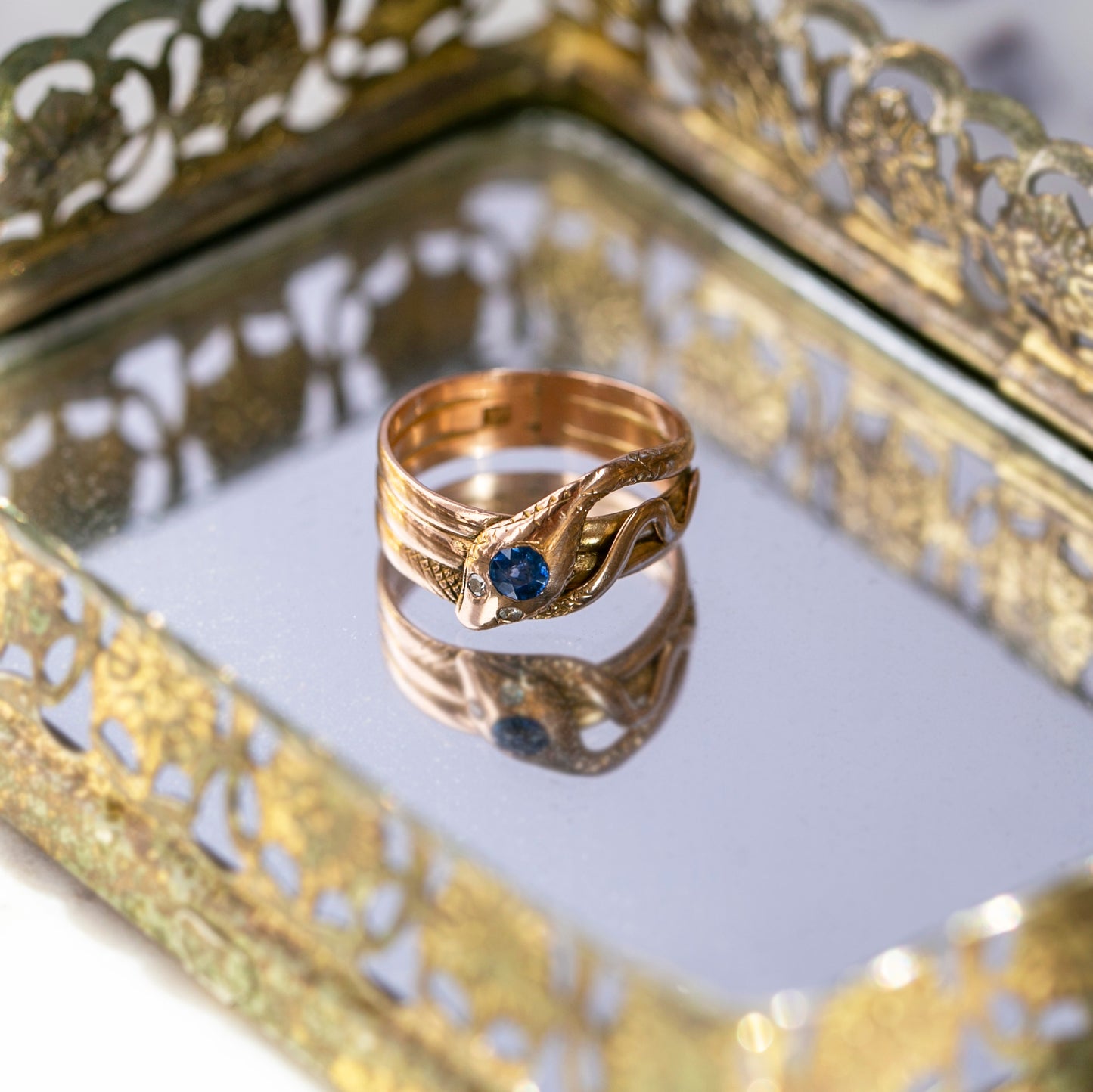 Art Nouveau Rose Gold Sapphire Snake Ring