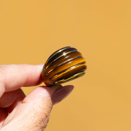 Hand holding a tiger's eye and gold ring against a mustard yellow background